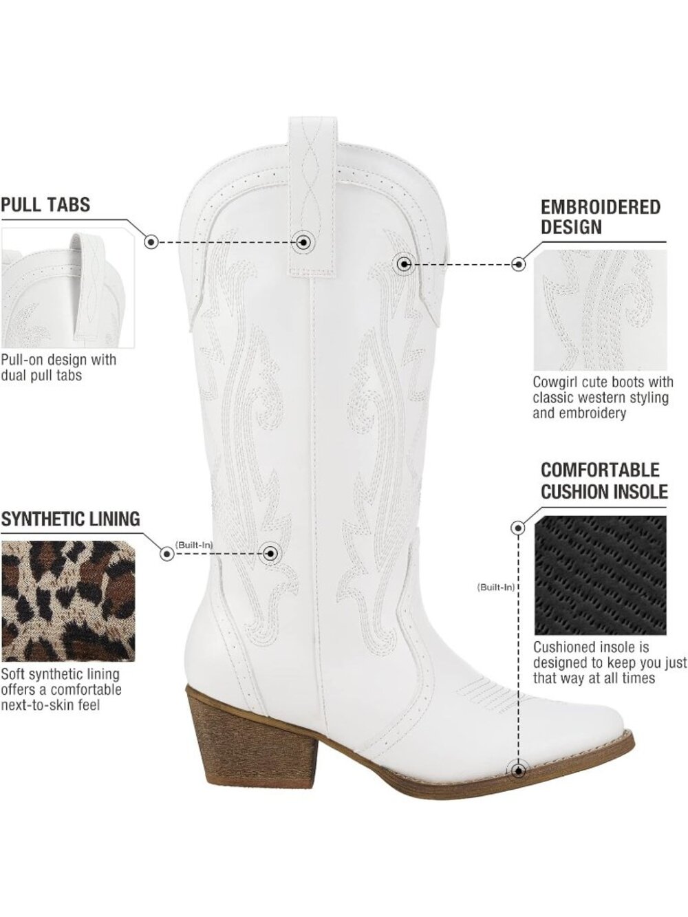 Women's White Leather Pointed Toe Stitched Embroidery Western Cowboy Boots - Picture 5 of 6